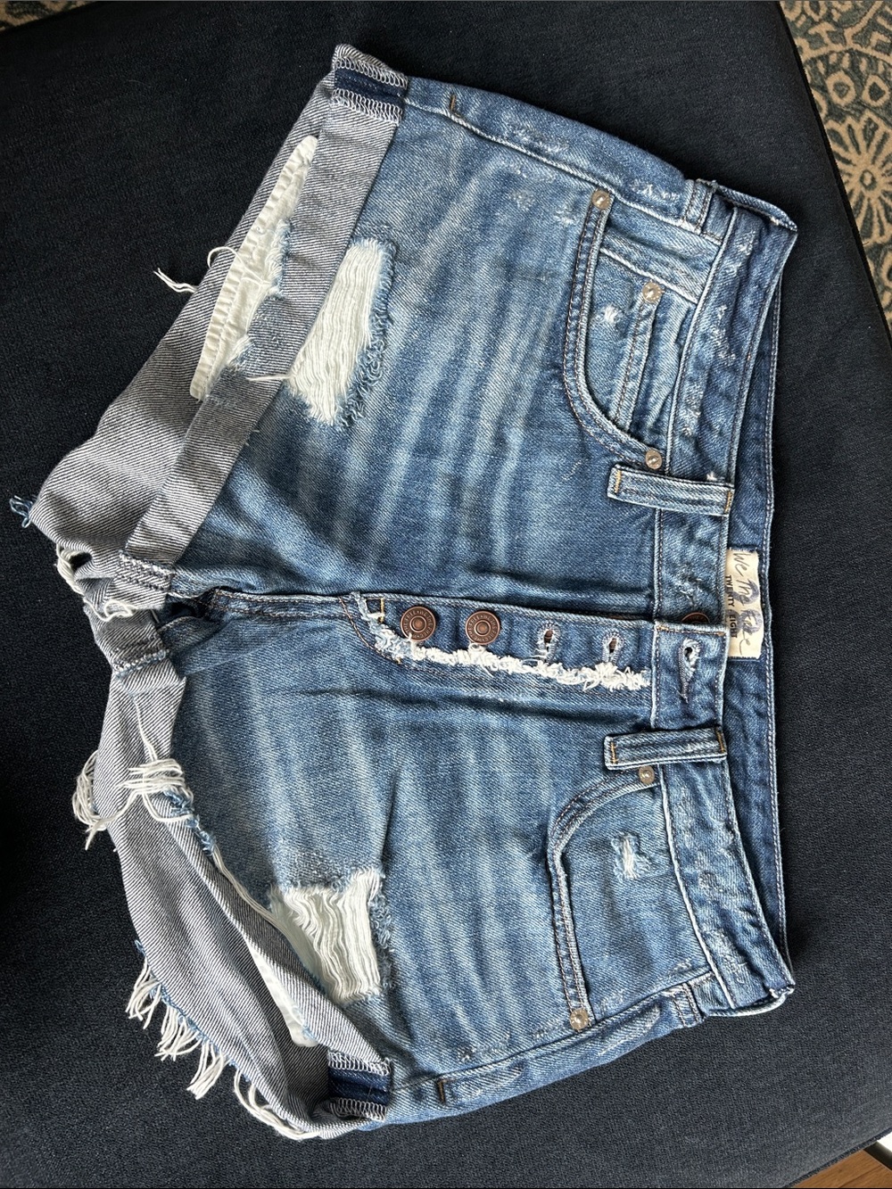 We The Free Light Blue Distressed Denim Button-Front Shorts
